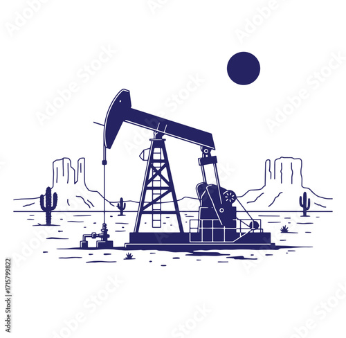 Vector illustration of an oil pump jack operating in the desert landscape under the sun
