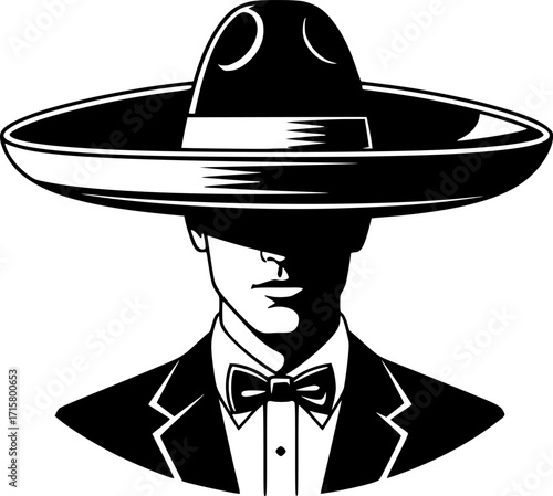 Man wearing a sombrero and suit with bow tie, in black and white vector .