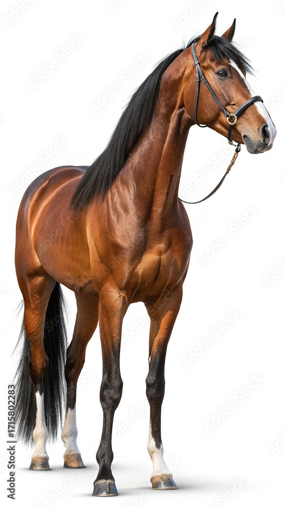 Obraz premium Chestnut Horse with Black Mane and Tail Standing on White Background