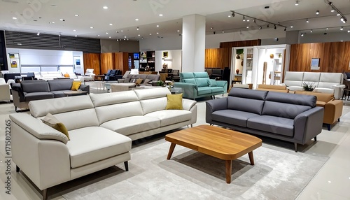 A modern furniture showroom displays various stylish sofas and sectionals in neutral tones, highlighting the elegance and comfort of contemporary living room designs.