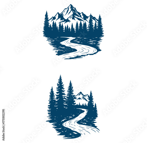 Vintage hand drawn illustrations of mountains forest river nature outdoors landscapes vector set