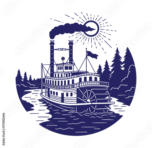 Vintage riverboat illustration featuring paddles and smoke with sunshine and forest elements