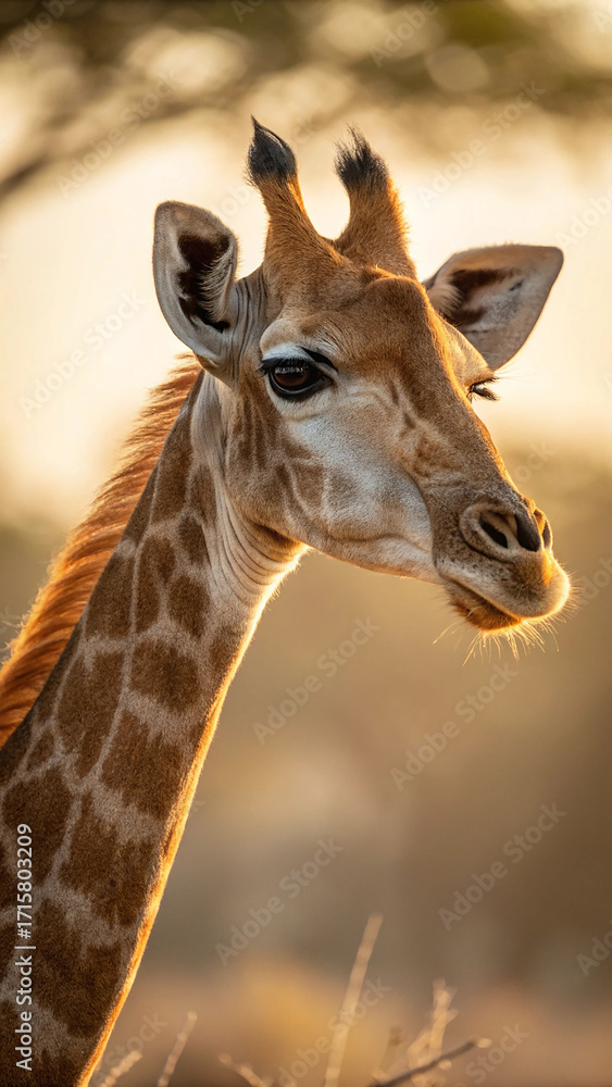 Naklejka premium Close Up of Giraffe Head and Neck in Warm Sunlight