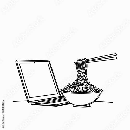 Laptop and bowl of noodles with chopsticks in minimalistic style  