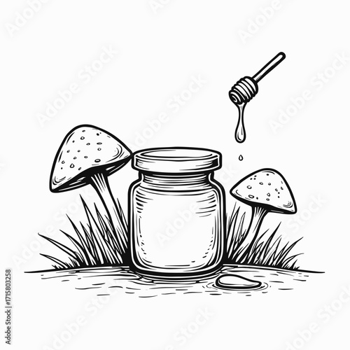 Jar of honey with mushrooms and honey dipper on grass background  