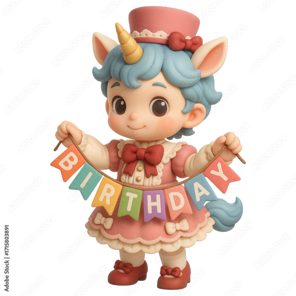 Fototapeta premium Cute Unicorn Character Celebrating Birthday with Colorful Banner Decoration