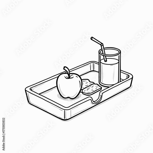 Tray with apple, snack, and drink in minimalist style  