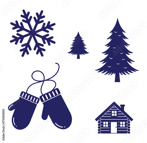 Winter holiday season themed illustrations featuring snowflake mittens trees and cabin
