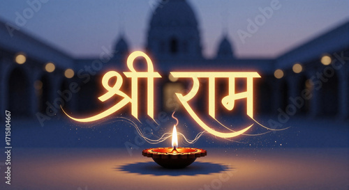 Wallpaper Mural Temple Silhouette Embraces A Single Diya Beneath Shri Ram For Diwali, Uniting Architecture, Faith, And A Tranquil Blue Dusk To Honor Prayerful Beginnings And The Gentle Promise Of Luminous Hope. Torontodigital.ca