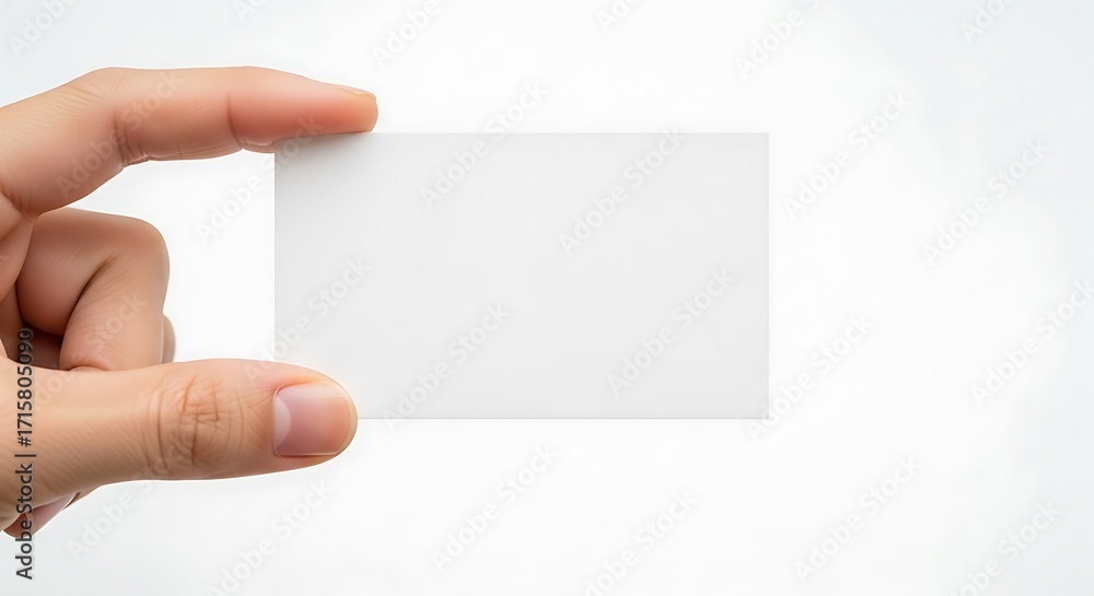 Fototapeta premium Close-up of a hand presenting a blank white business card on a white background, perfect for custom text or logo integration.