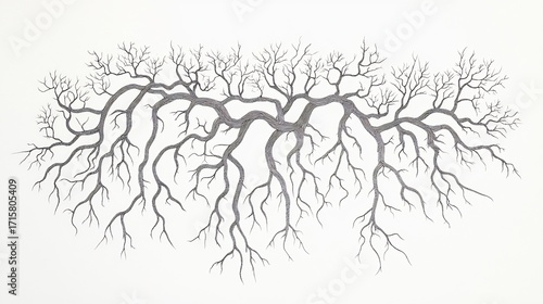 Minimalist line art of plant roots mycorrhizal networks on white