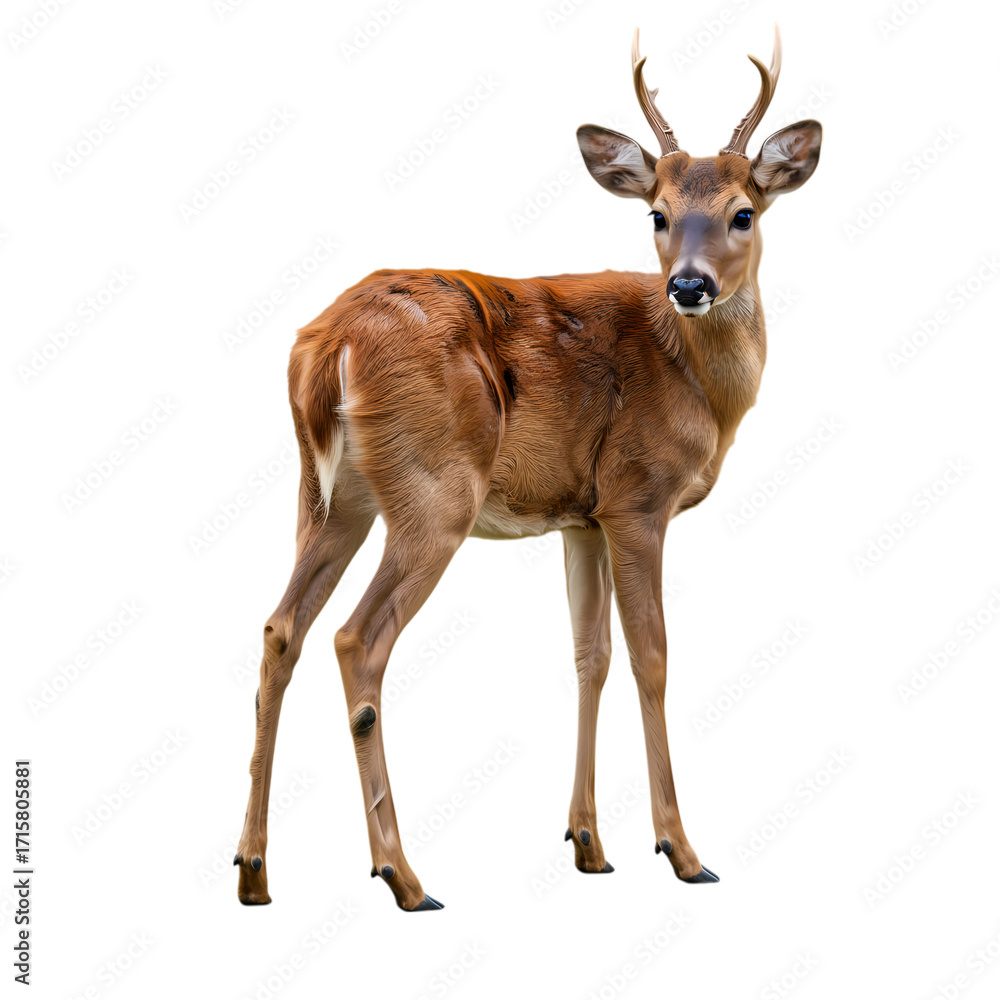 Fototapeta premium Majestic young buck with small antlers stands elegantly, turning to gaze with soulful eyes, highlighting natural beauty and wilderness spirit.