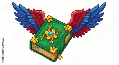A vibrant green magical book with golden details and a blue gem, flying on colorful red and blue feathered wings.