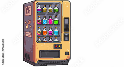Pixel art vending machine dispensing colorful potions in glass bottles, featuring a retro fantasy aesthetic with various vibrant liquids.