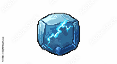 Pixel art blue crystal with a glowing lightning bolt pattern inside, resembling a magical energy source or game item.