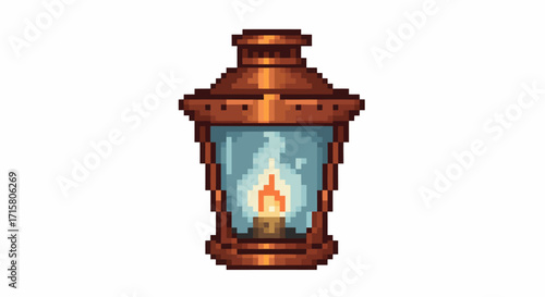 Pixel art style copper lantern with a glowing flame inside, emitting a warm light, suitable for game assets or icons.