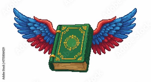 A pixel art illustration of a magical green book with ornate gold detailing, featuring large feathered wings in vibrant red and blue, flying.
