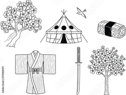Japanese cultural elements illustration, traditional kimono, katana, sushi roll, cherry blossom tree, hand-drawn sketch, Asian theme, black and white