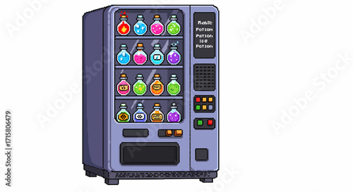 A pixel art illustration of a purple vending machine dispensing various colorful magic potions in glass bottles.