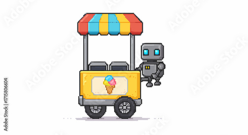 Pixel art illustration of a small gray robot pushing a yellow ice cream cart with a colorful striped awning.