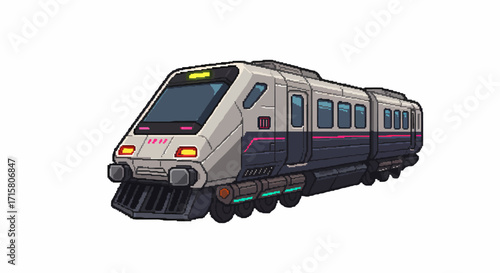 Cartoon style illustration of a modern passenger train with multiple cars, depicted in a side view on a white background.