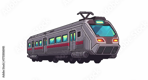 Cartoon illustration of a modern passenger train with multiple cars, featuring a sleek design and red stripe accents, isolated on a white background.