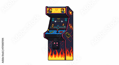Pixel art illustration of a retro arcade game machine with flame decals and two player characters on the marquee.