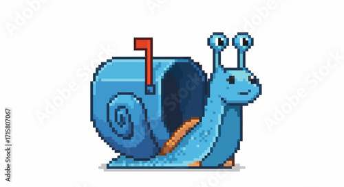 Pixel art illustration of a blue snail with a mailbox for a shell, featuring a red flag and an orange belly, on a white background.