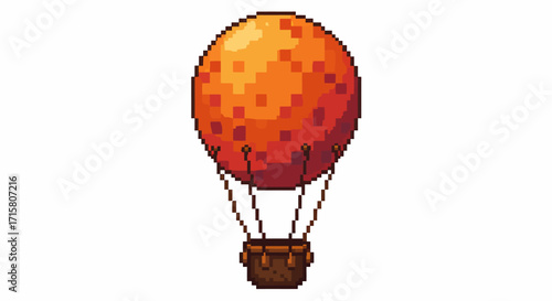 Vibrant pixel art illustration of a hot air balloon featuring an orange, speckled sphere and a small brown basket.