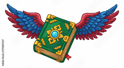 A vibrant green magical book with ornate gold details and a central blue gem, adorned with colorful red and blue feathered wings, suggesting flight or enchantment.