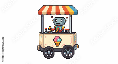 Pixel art illustration of a cute robot driving a colorful ice cream cart with a striped awning, ready to serve sweet treats.