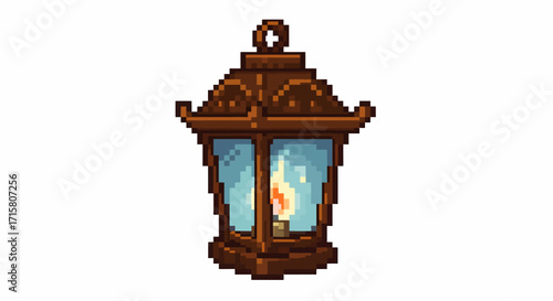 Detailed pixel art illustration of a vintage brown lantern with a glowing flame inside, casting a warm light.