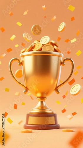 Golden trophy overflowing with coins and confetti against a warm orange background