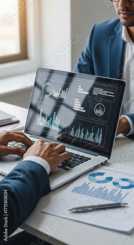 Business professionals analyze data on laptop in modern office