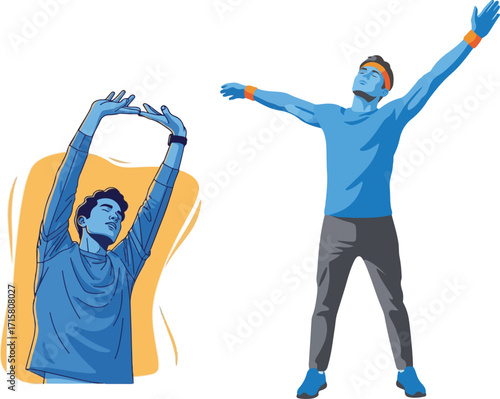 Men Stretching and Warming Up in Stylized Fitness Illustration
