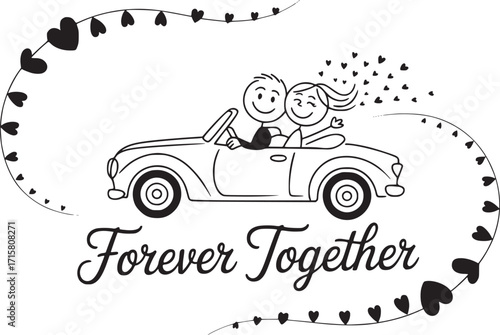 Forever Together: Romantic cartoon of a couple driving in a car, filled with hearts expressing togetherness. A timeless symbol of unity and everlasting love