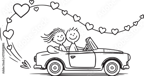 Love on the Road: A whimsical depiction of a couple embarking on a romantic journey in a classic convertible, their adventure marked by a trail of cheerful hearts.