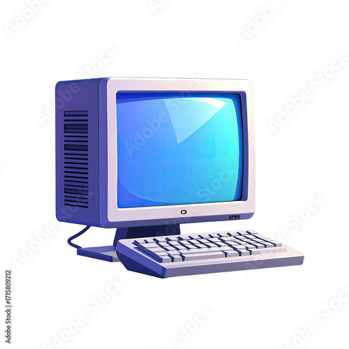 Retro computer graphic with light gray case, blue screen, and keyboard