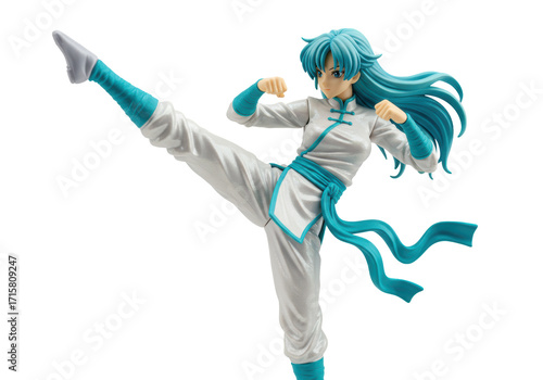 Isolated martial arts figurine in a fighting stance with blue hair and training gear