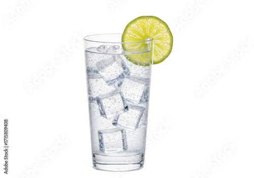 Isolated sparkling water with ice cubes and lime slice, refreshing summer drink, beverage