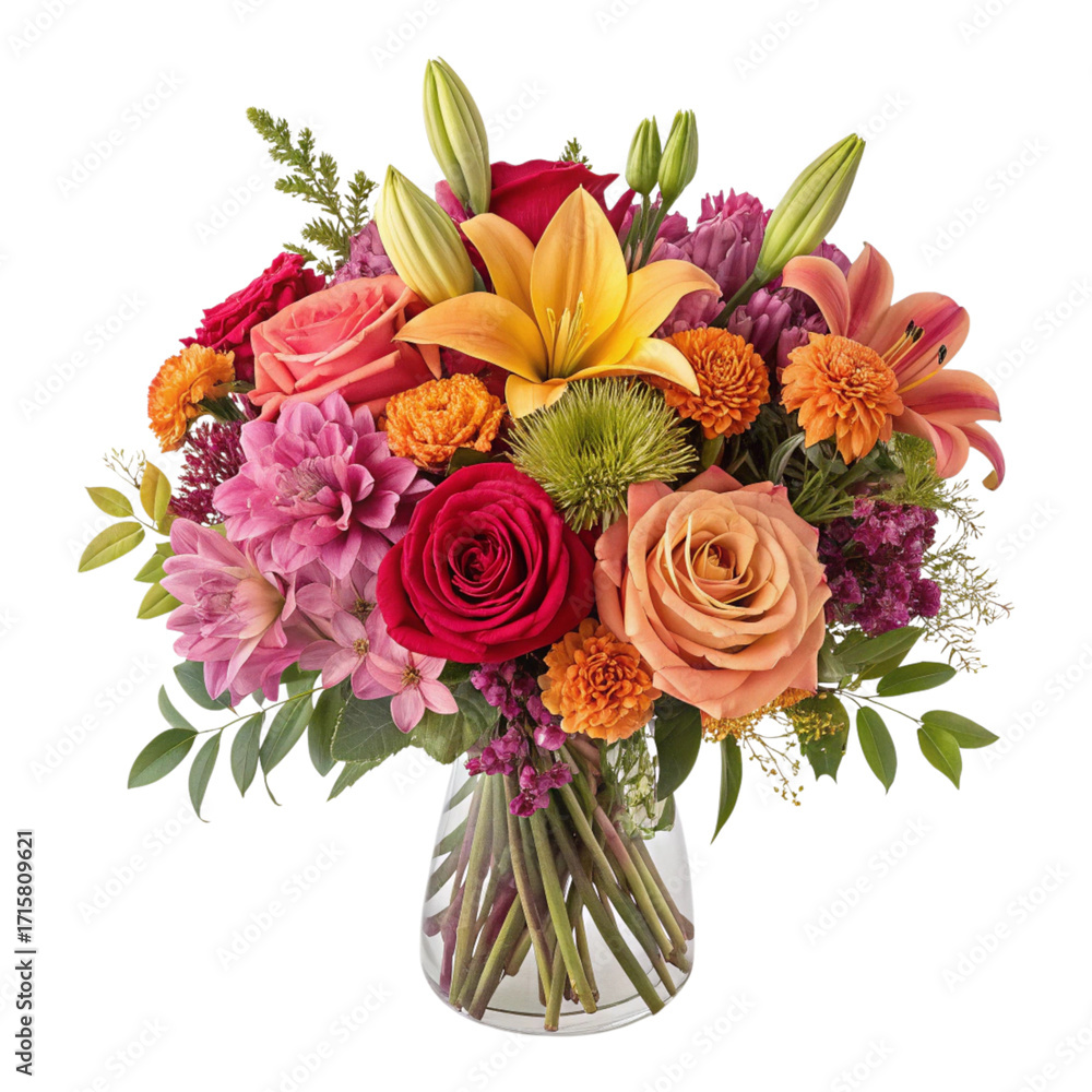Obraz premium A colorful bouquet of roses, lilies, and dahlias in a clear glass vase against a black background created with generated ai