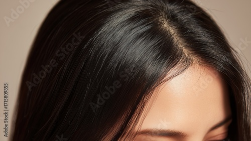 美しい黒髪の女性の頭部アップ。髪の健康やヘアケアのイメージに最適な素材。