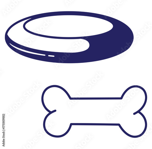 Vector illustration of a dog frisbee and a bone icon in a simple blue outline