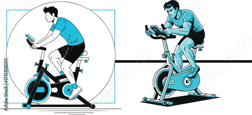 Illustrated Men Engaged in Indoor Cycling Workout