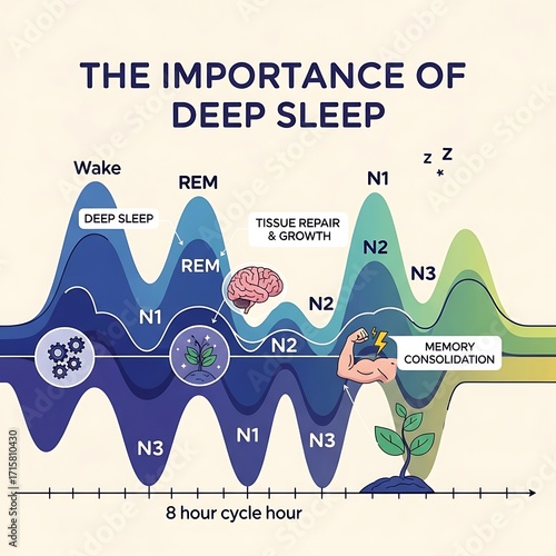 A visual representation of the human sleep cycle, highlighting the stages of deep sleep and their functions.