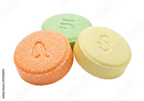 Isolated vitamin C fruit flavored chewable tablets, orange, green, yellow, nutrients, dietary supplement