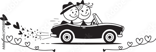 Romantic Getaway Car: A loving couple joyfully ride off in a classic convertible car, trails of charming hearts creating a delightful scene, showcasing love and happiness with a touch of whimsy.