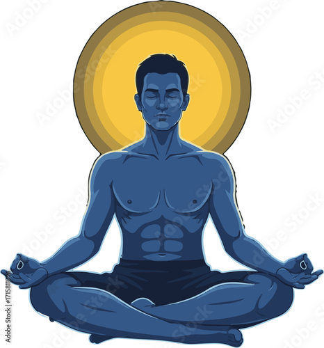 Vector Illustration of a Meditating Man in Lotus Pose with Golden Aura