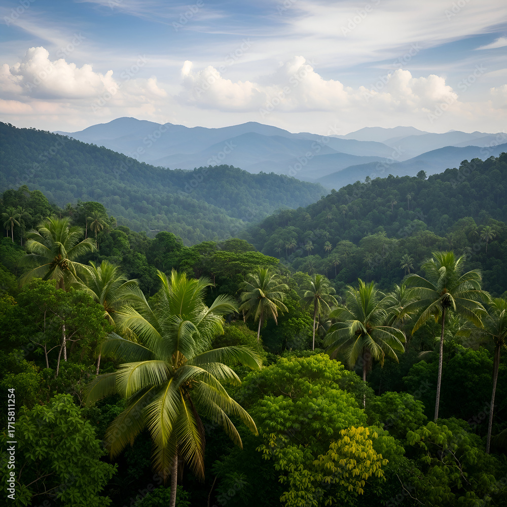 Fototapeta premium Lush Green Tropical Forest Landscape with Distant Mountain Range.