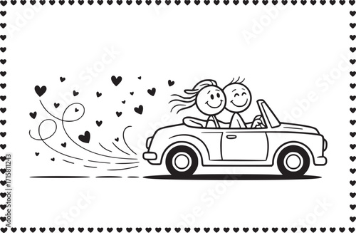 Romantic Drive in a Convertible: A joyful couple embarks on a romantic drive in a vintage convertible, hearts trailing behind them. Symbolizing love, freedom, and adventure.